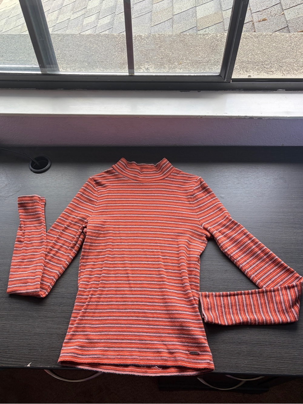Hollister Long Sleeve Striped Mock Neck Top- Orange with White and Blue striped